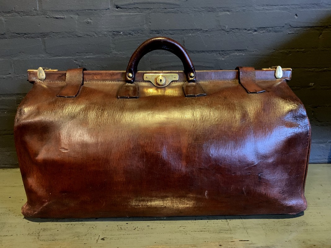 Vintage Antique Oak Grain Leather Bankers Bullion Gladstone Bag